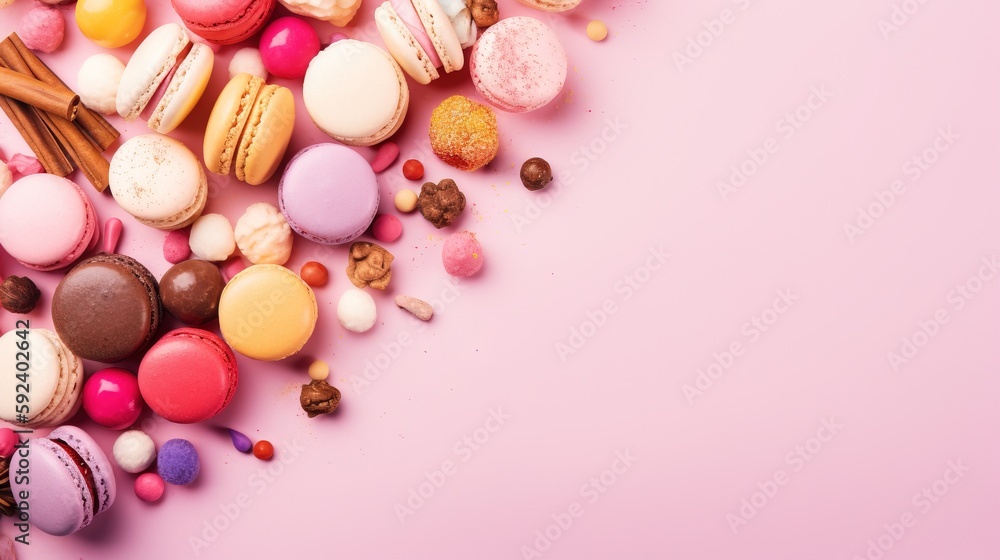 Aufkleber a pile of different colored macaroons on a pink background with cinnamon sticks and other macaroni a