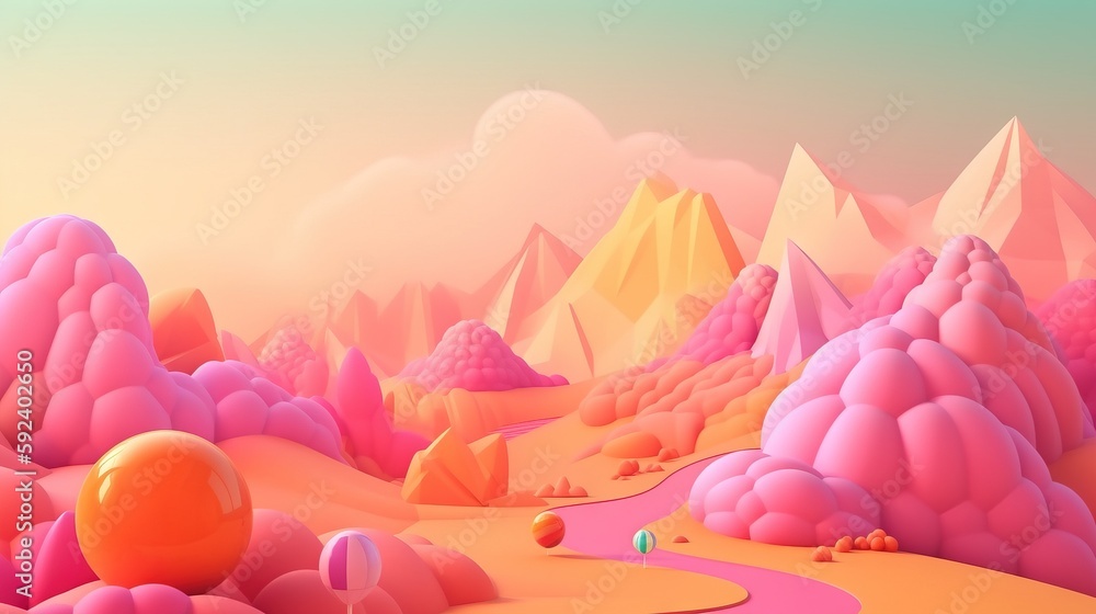 Poster a colorful landscape with a mountain range in the background and a ball in the foreground, and a tra