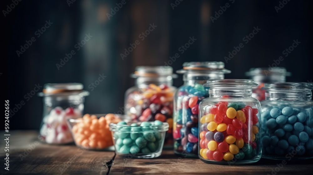 Poster a group of glass jars filled with different types of candy on a wooden table with a black background
