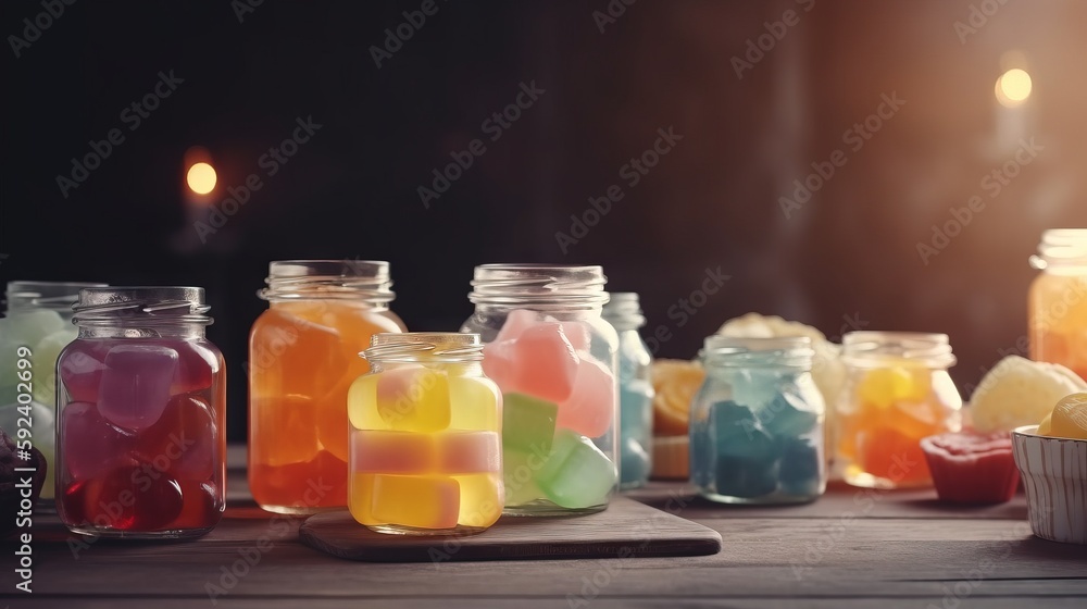 Poster a table topped with jars filled with different colored candies next to a cup of ice cream and a lit 
