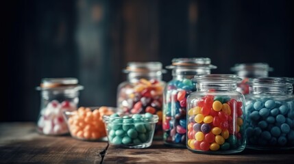 Fototapeta na wymiar a group of glass jars filled with different types of candy on a wooden table with a black background and a wooden table with a few glass jars of candy. generative ai