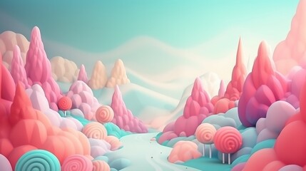 a pink and blue landscape with trees and mountains in the background