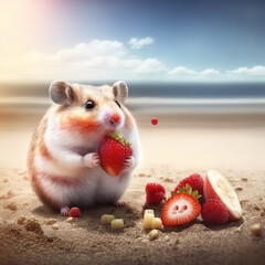 Adorable hamster eating strawberries on the sandy beach in the summer. . High quality photo