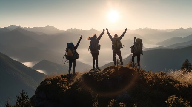 Hikers with backpacks jumping with arms up on top of a mountain. Generative AI.