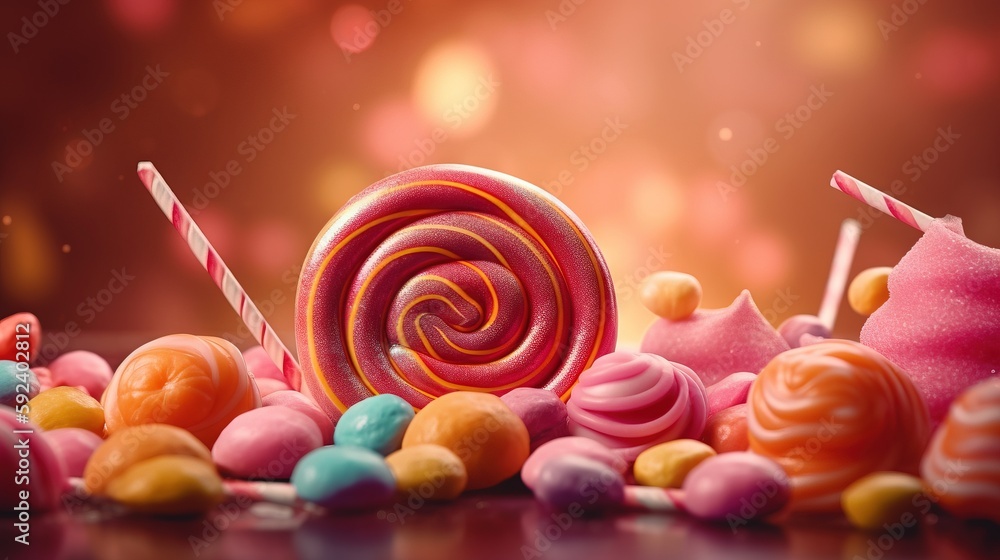 Poster a pile of candies and lollipops on a table with a blurry background of the candy and the candy on th