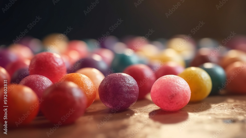 Poster a group of colorful candies sitting on top of a table next to a black wall and a wooden table with a