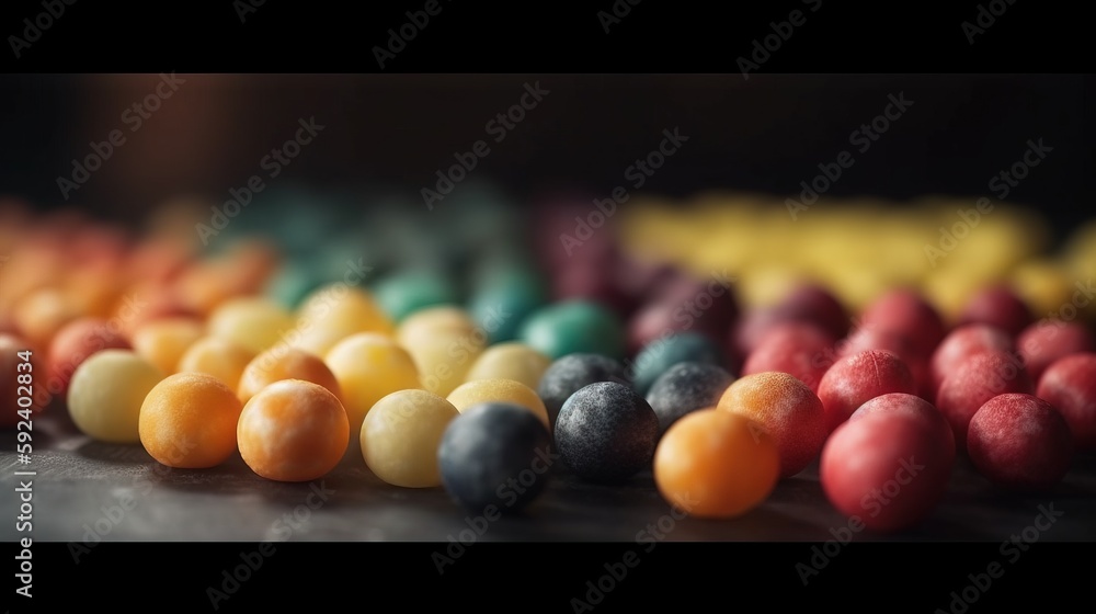 Poster a close up of many different colored candies in a row on a counter top with other candies on the cou