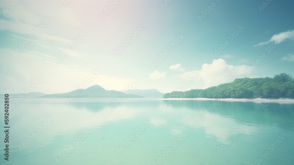 Poster a large body of water with a mountain in the distance and trees in the foreground and a blue sky wit
