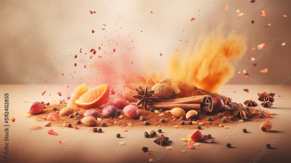 Poster a pile of spices and spices on a table with a lot of oranges and cinnamons around it on a gray backg