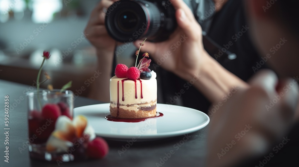 Poster a person taking a picture of a cake with raspberries on it and a glass of water on the table with a 