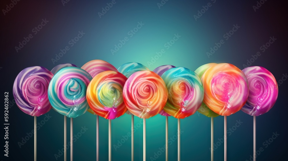 Poster a row of lollipops on a stick with a colorful swirl on top of them on a blue background with a black