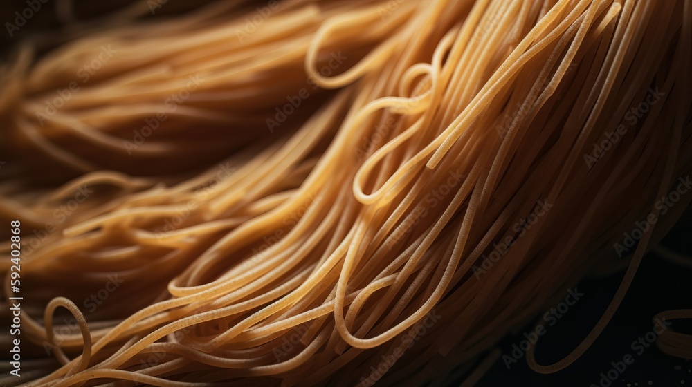 Poster a close up of a bunch of noodles on a black background with a blurry image of the noodles in the for