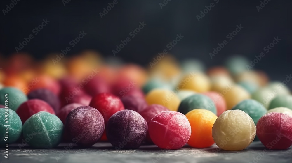 Poster a group of colorful candies sitting on top of a counter next to a black background with a few more c