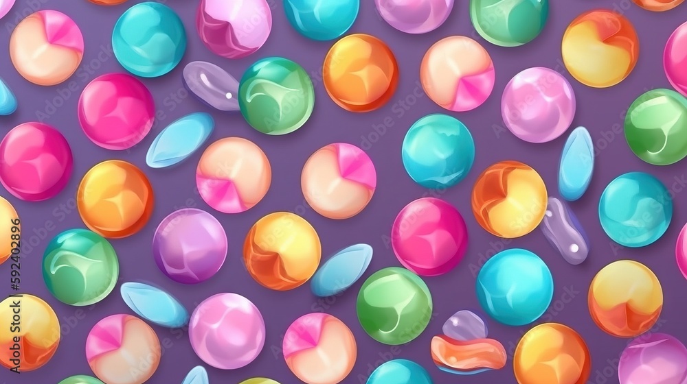 Poster a bunch of colorful balloons floating on top of a purple surface with a pattern of different colored