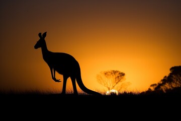 Kangaroo silhouette an sunset. Generative AI.