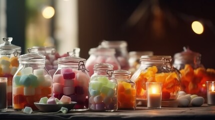 Fototapeta na wymiar a table topped with lots of jars filled with candy next to candles and a bowl of marshmallows on top of a table. generative ai