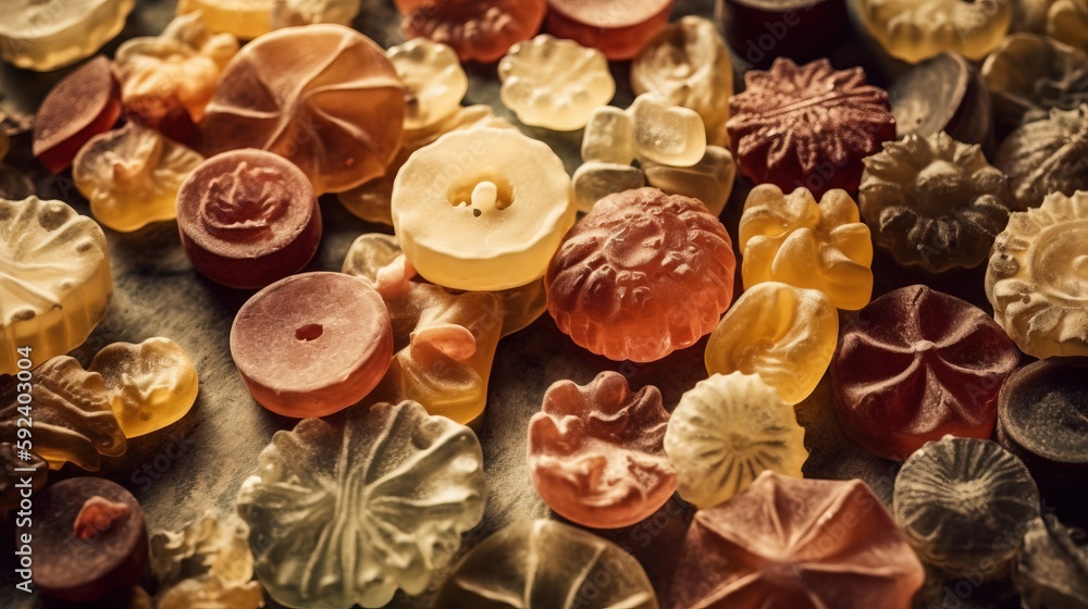 Aufkleber a close up of a bunch of different colored candies on a table with a black background and a white bu