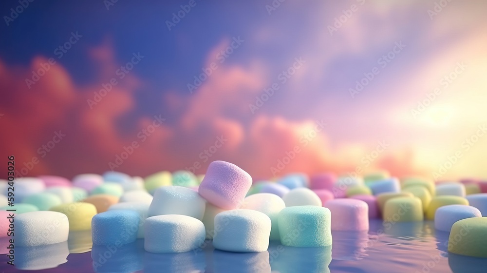 Poster a group of marshmallows floating on top of a body of water under a cloudy blue sky with clouds in th