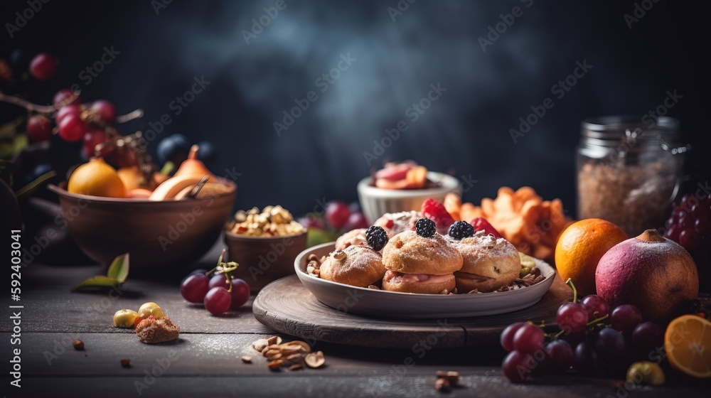 Aufkleber a plate of fruit and a bowl of nuts on a table with other fruit and nuts on the table and in the bac