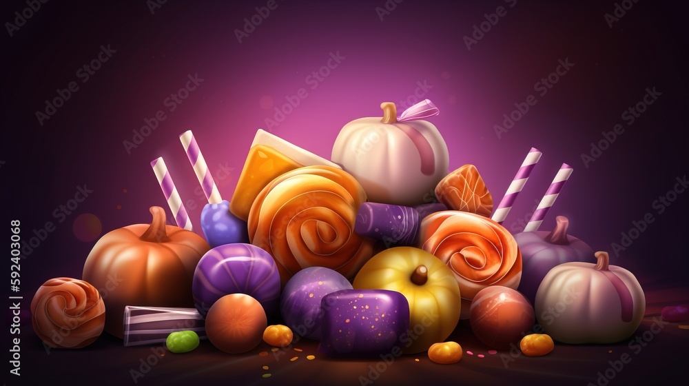 Poster a pile of candy sitting on top of a purple table top next to a candy bar with candy bars on top of i