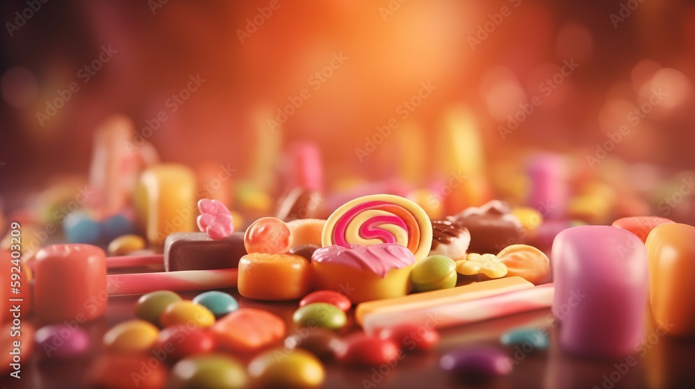 Aufkleber a pile of candy and candies on a table with a blurry image of candles in the background and a blurry