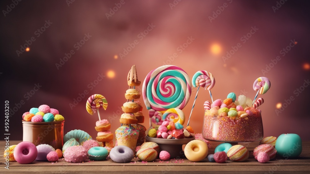 Poster a table topped with lots of different types of candies and lollipops on top of a wooden table next t