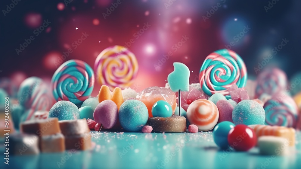 Poster a pile of candy with a lot of candy on top of it and a lot of candy on the ground in front of it wit