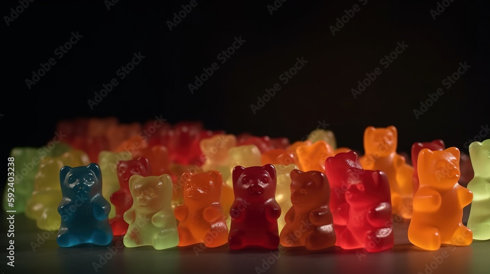 Poster a group of gummy bears sitting next to each other on a counter top with a black background and a bla