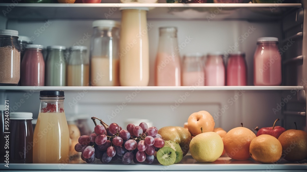 Poster  a refrigerator filled with lots of different types of fruits and vegetables next to bottles of juice and juice bottles on the shelves of the refrigerator.  generative ai