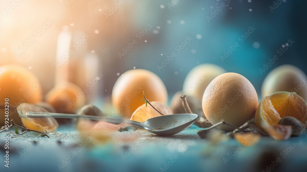 Poster a spoon with some oranges on it and some other oranges on the ground with a spoon in front of them a