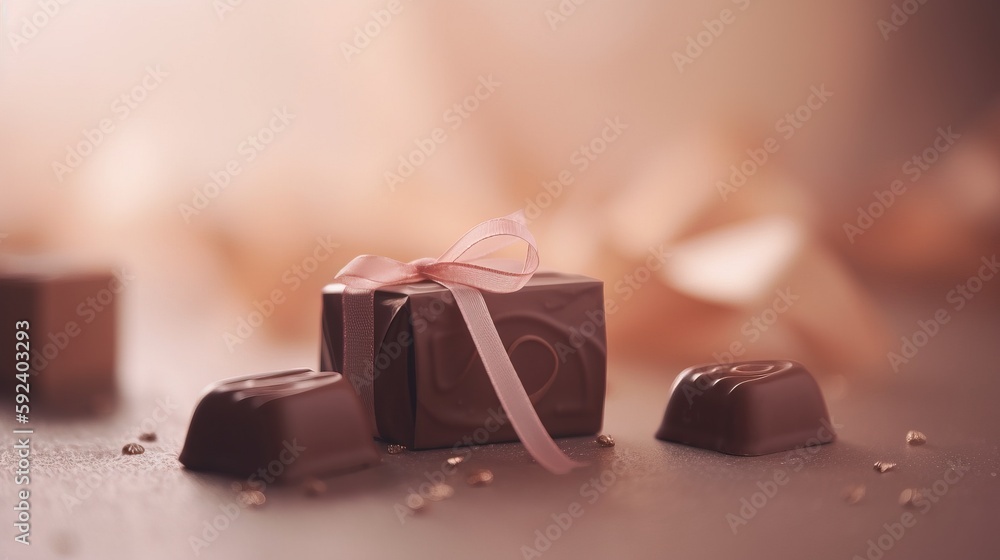 Poster a chocolate box with a pink ribbon and two pieces of chocolate on a table with other chocolates arou