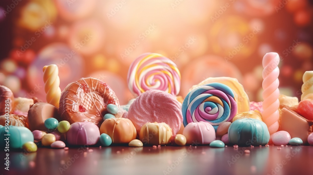 Poster a pile of colorful candies and lollipops on a dark surface with a bright light shining in the backgr