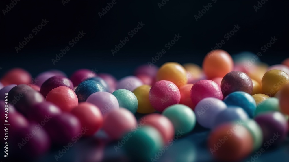 Poster a group of colorful candies sitting on top of a table next to each other on a black surface with a b