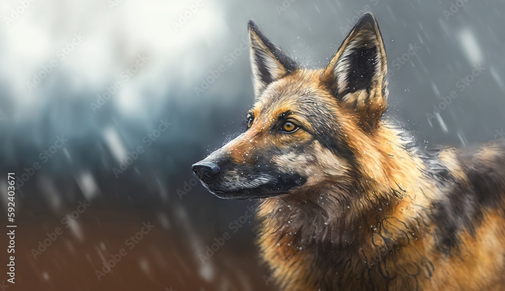 Poster a painting of a dog in the rain with a sky in the backgrouf of the picture behind it is a blurry ima