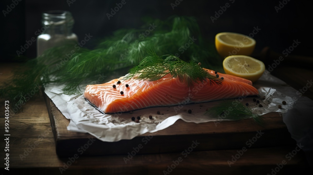 Poster  a close up of a piece of salmon on a cutting board with a lemon and dill on the side of it and a jar of salt and pepper on the side.  generative ai