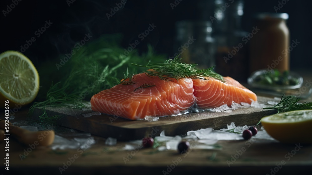 Poster a close up of salmon on a cutting board with lemons and spices in the background and a glass of wine