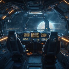 Spaceship cockpit, galaxy light-years ahead. Generative AI.