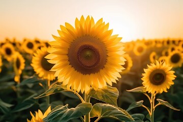 Obraz premium Sunflowers field with the sun shinning. Generative AI.