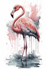 Flamingo standing in the water on white background, watercolor style, generative AI