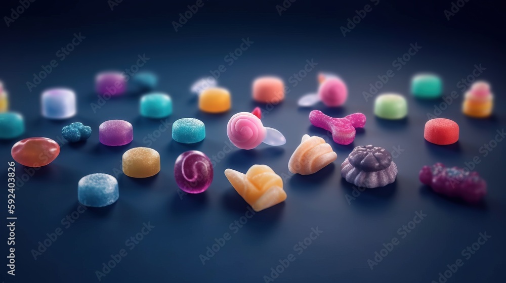 Poster a bunch of different colored candies on a blue surface with a black background and a blue background