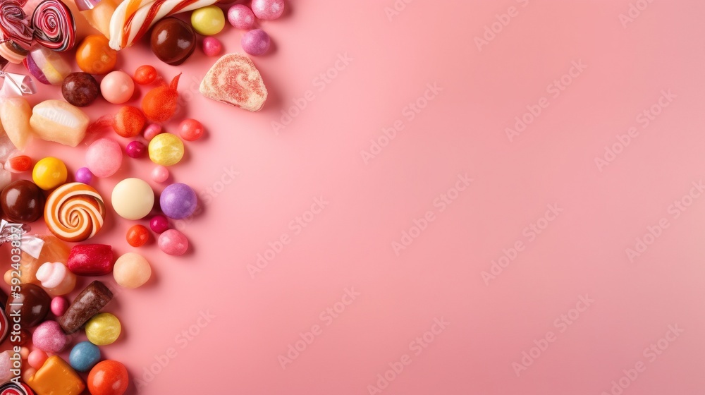 Poster a pile of assorted candy on a pink background with a place for a text or a picture to put on a card 