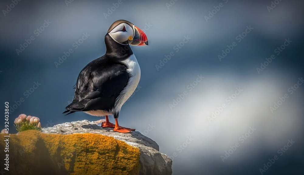 Poster a black and white bird with a red beak on a rock in the middle of a field with yellow flowers and a 