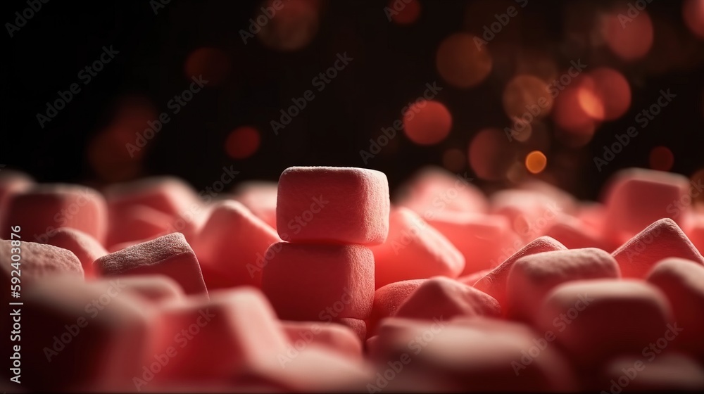 Aufkleber a pile of pink marshmallows sitting on top of each other on a table with a blurry background of ligh