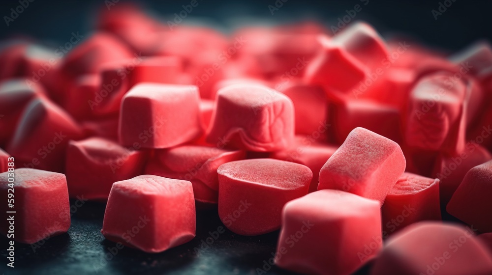 Poster a close up of a pile of red candy cubes on a table with a black background and a blurry image of the
