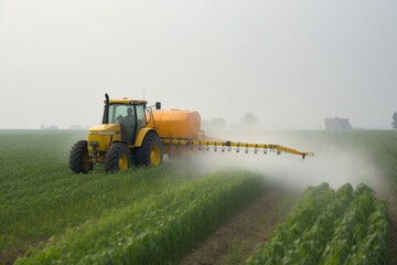 Tractor sprays pesticides on corn fields. Generative AI.