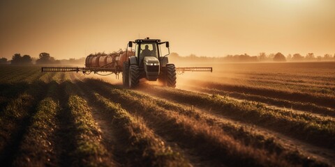 Fototapeta premium Tractor sprays pesticides on corn fields. Generative AI.