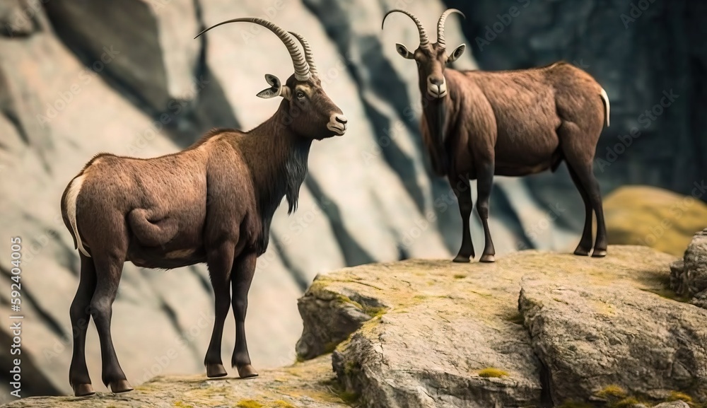 Poster two rams standing on a rock in front of a mountain side cliff with moss growing on the rocks and mos