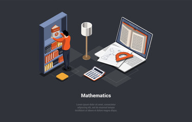 Concept Of Mathematics Study, Subject, Education And Science. Man Math Book With Number Of Pi Logo From Shelf. Protractor, Ruler, Notebook And Laptop In Classroom. Isometric 3d Vector Illustration