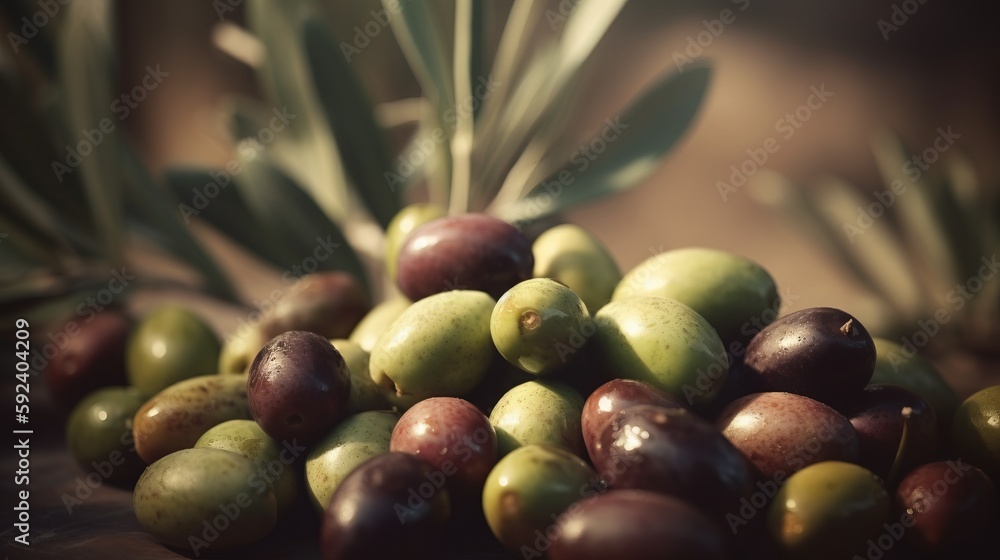 Poster a pile of olives with a leaf on top of them on a table in front of a plant and a wooden table top wi