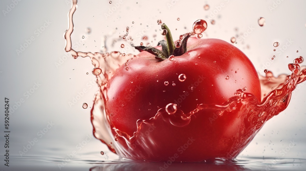 Poster a red tomato with water splashing on it's side and a white background with a gray back ground and a 